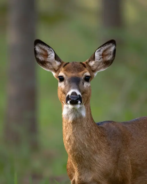 A white-tailed deer doe with large alert ears looks directly at the camera in a sun-dappled forest.