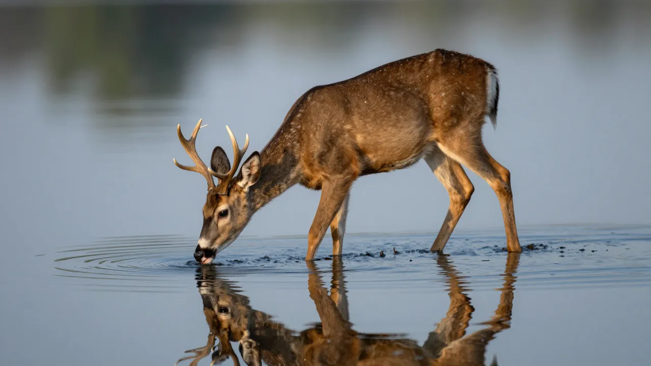 A white-tailed deer buck stands in calm shallow lake water drinking, with a clear reflection visible below it.