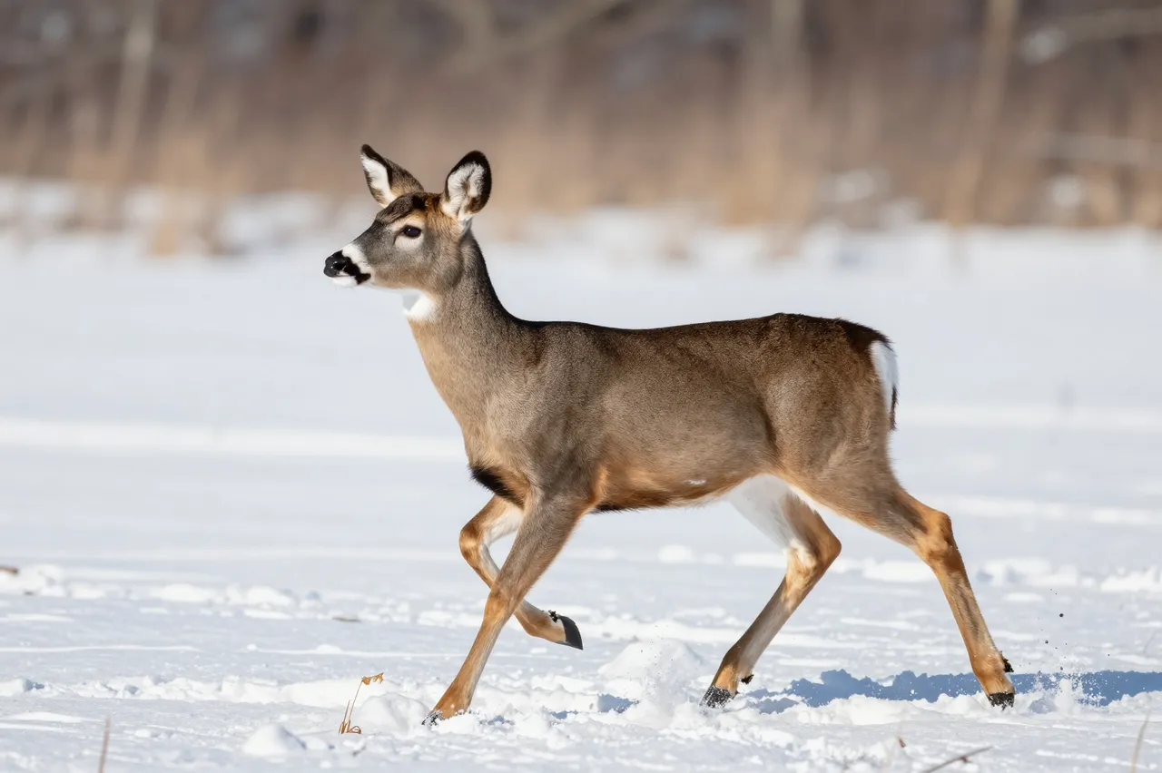 A white-tailed deer moves across bright snowy ground with a blurred winter woodland background.
