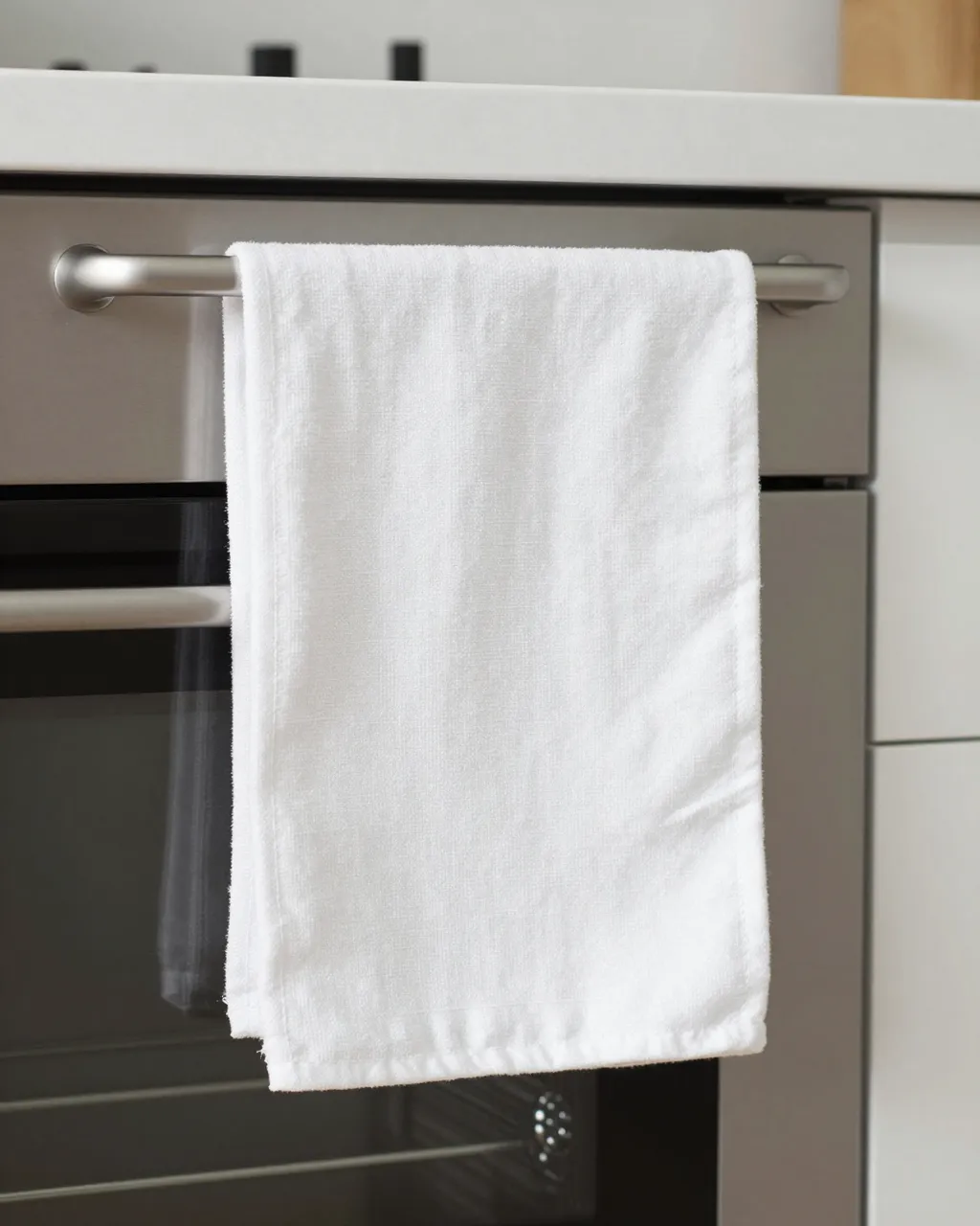 Plain white cotton tea towel hangs from a stainless steel oven handle in a bright modern kitchen.