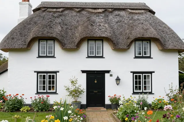 A white plaster cottage with a textured thatched roof sits surrounded by a colorful front flower garden.