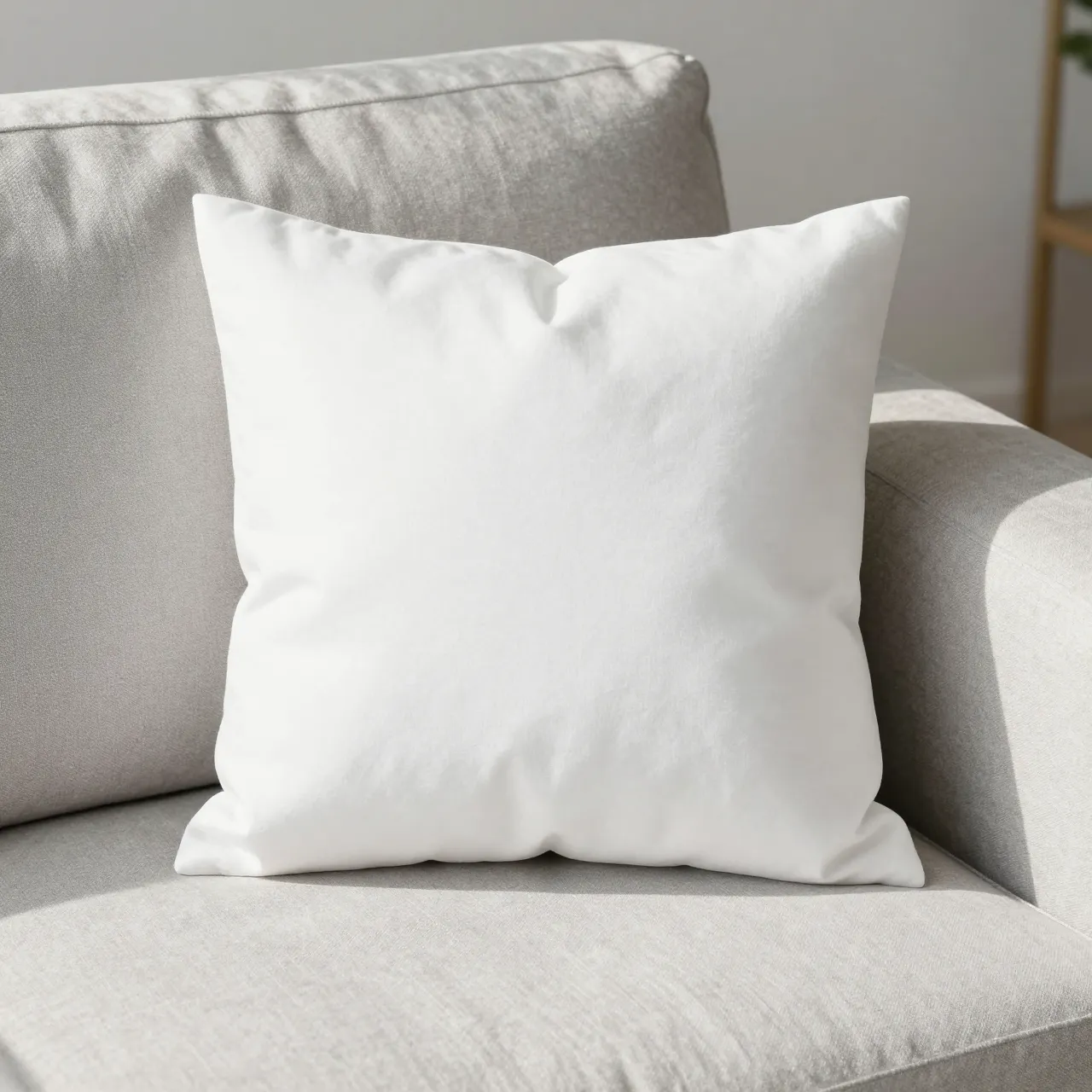 A plain white square throw pillow rests on a light gray linen sofa in soft daylight