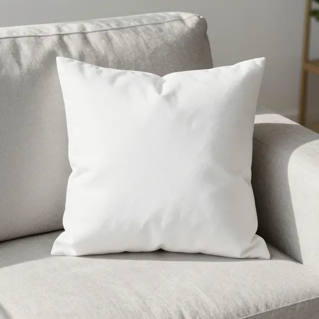 A plain white square throw pillow rests on a light gray linen sofa in soft daylight