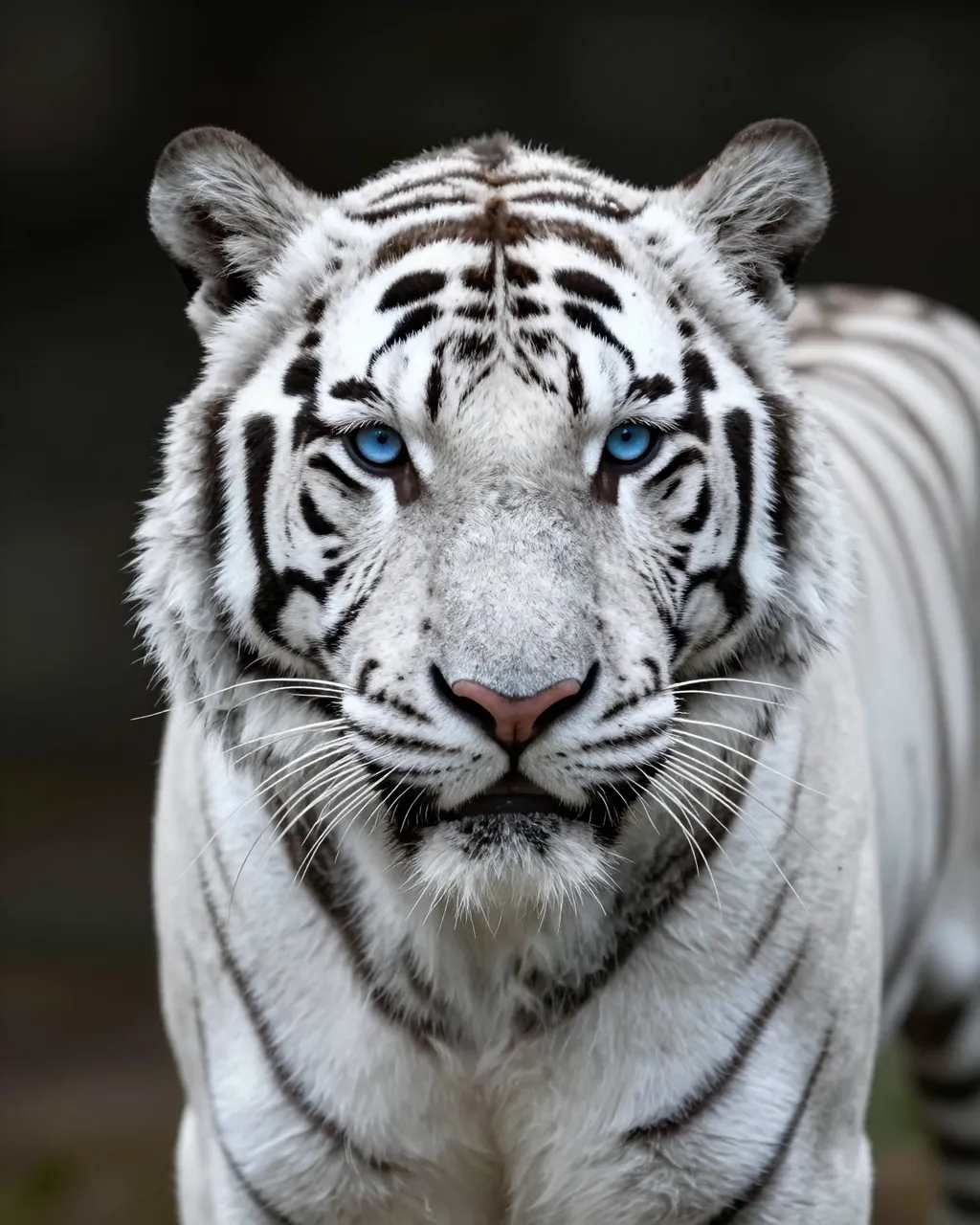 Close-up portrait of a white tiger with bright icy blue eyes facing the viewer against a dark blurred background