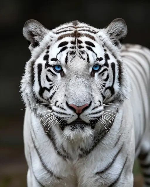 Close-up portrait of a white tiger with bright icy blue eyes facing the viewer against a dark blurred background