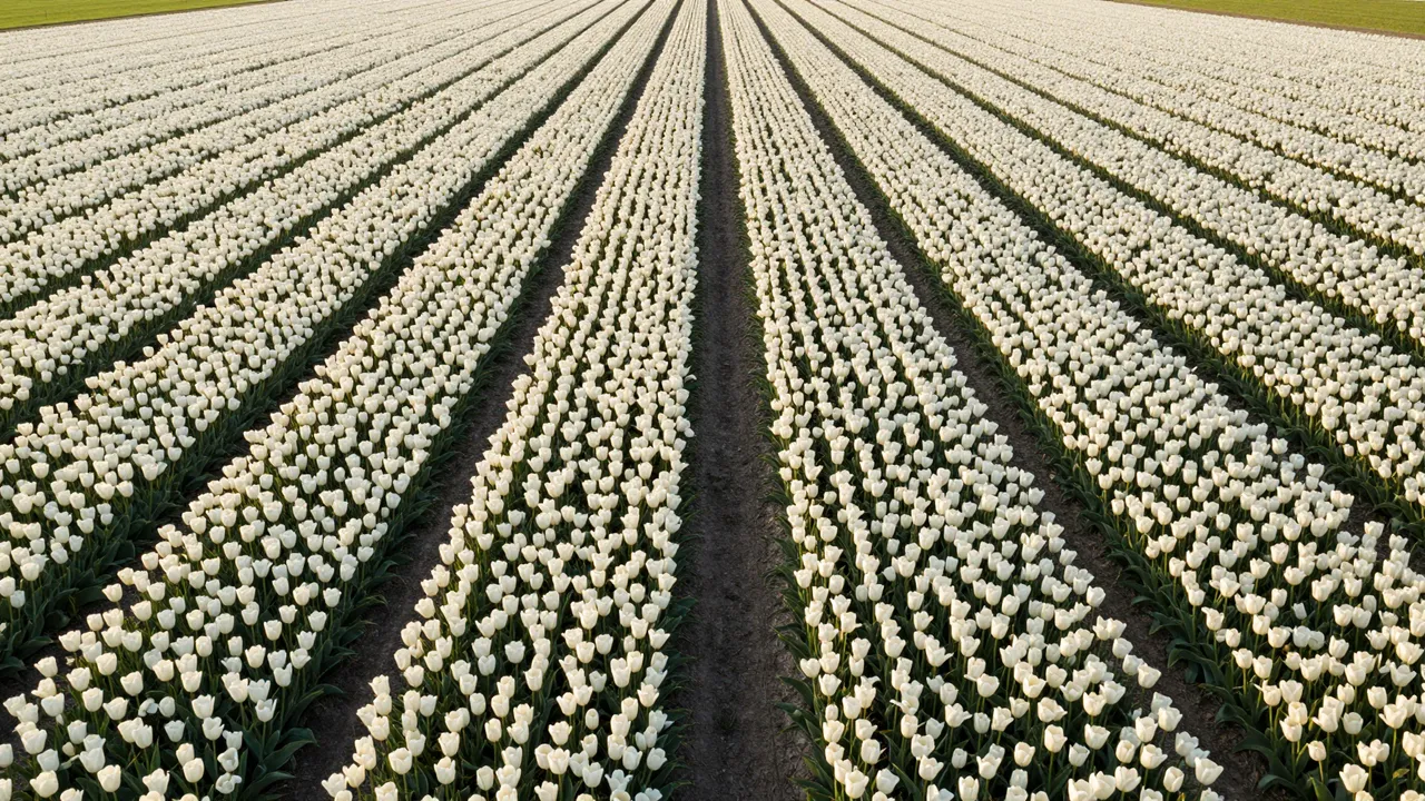 Straight rows of blooming white tulips stretch across a farm field at sunrise, with a central dirt track