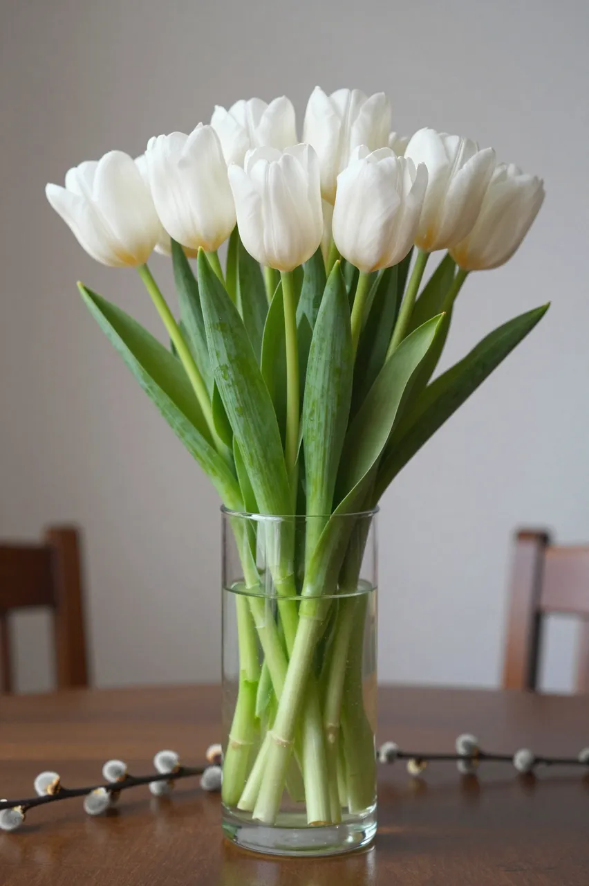 A clear glass vase of white tulips sits on a wooden table with pussy willow sprigs for Easter decor