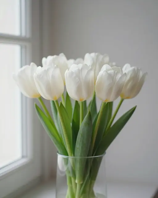 Bouquet of white tulips in a clear glass vase lit by soft indoor window light
