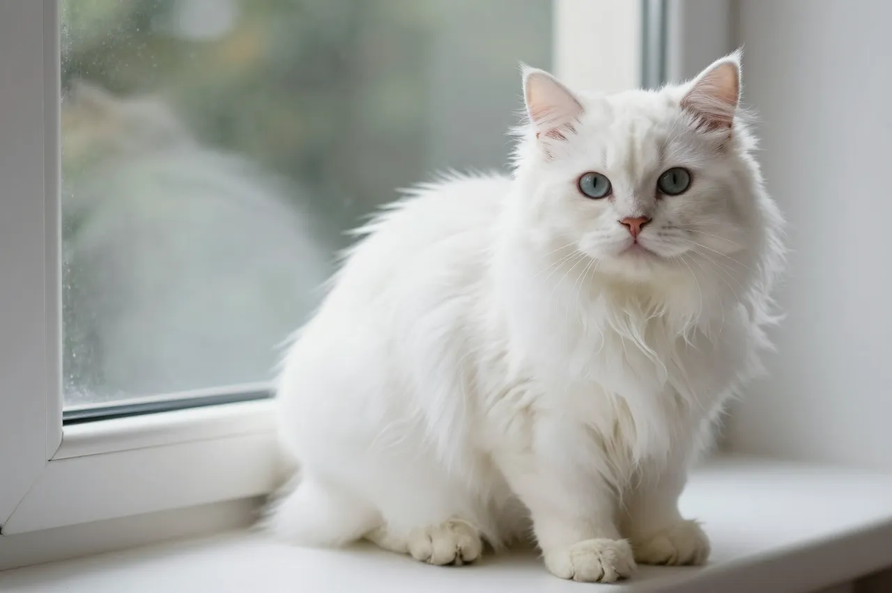 Long fluffy white Turkish Angora cat sits on a bright windowsill looking at the camera