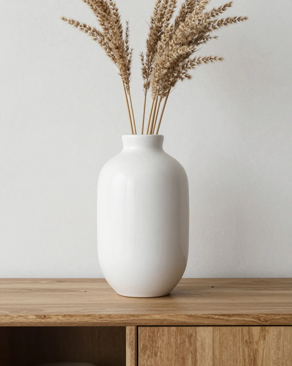 A plain white ceramic vase holding dried grasses sits on a wooden sideboard against a pale wall.