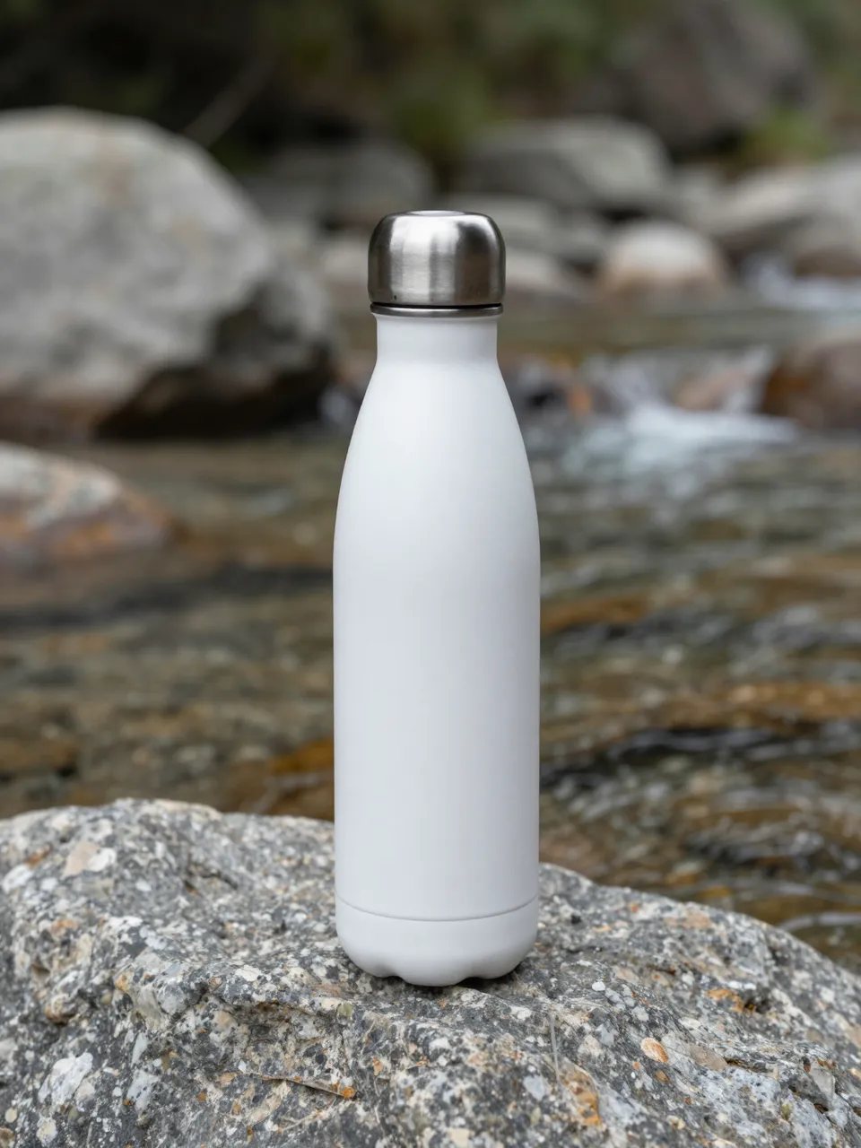 Plain white stainless steel water bottle sits on a granite rock beside a shallow mountain stream