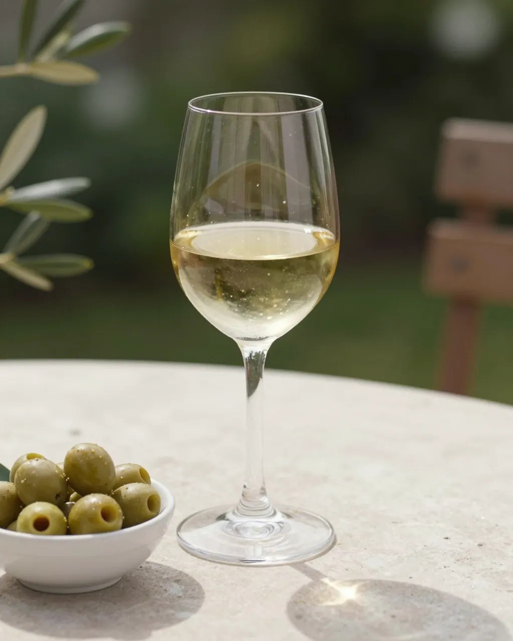 A stemmed glass of white wine next to a small bowl of green olives on a sunlit garden table.