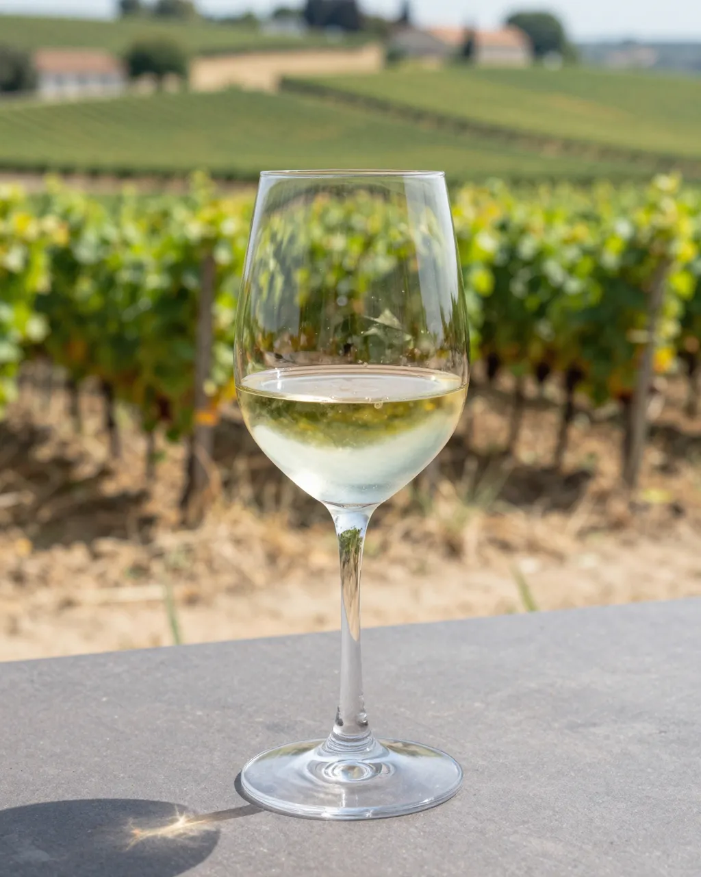 A glass of white wine sits on a terrace table with sunlit vineyard rows stretching into the distance.
