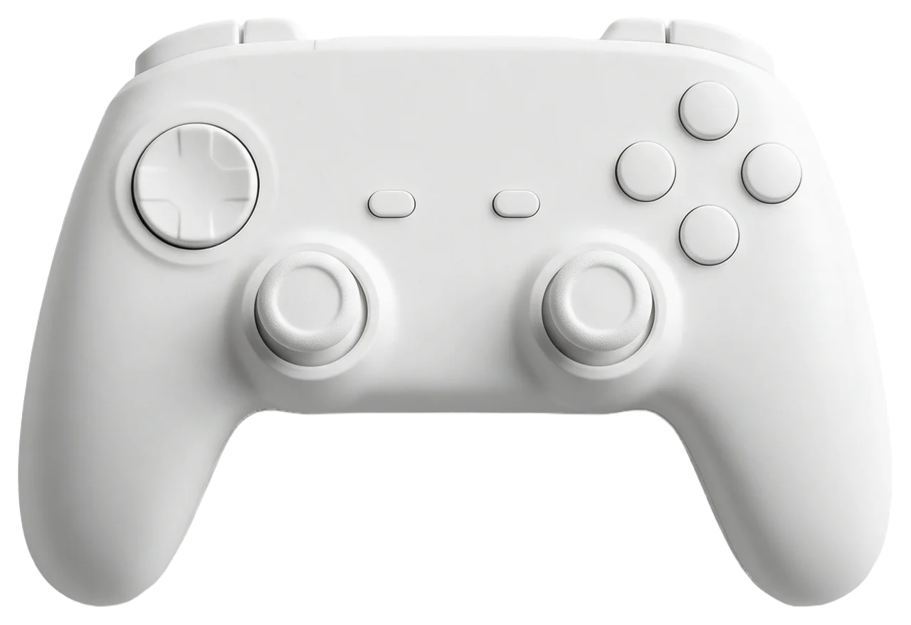 Plain unbranded white wireless game controller viewed from front slightly above