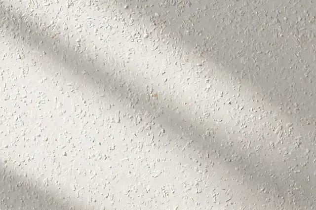 Full frame close-up of textured white painted woodchip wallpaper with soft raking light across the surface