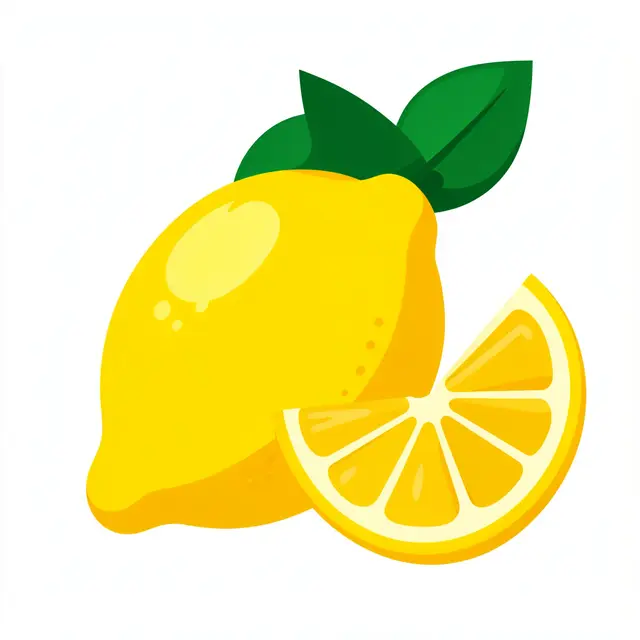 Flat clipart of a whole yellow lemon with green leaves next to a lemon wedge on a white background