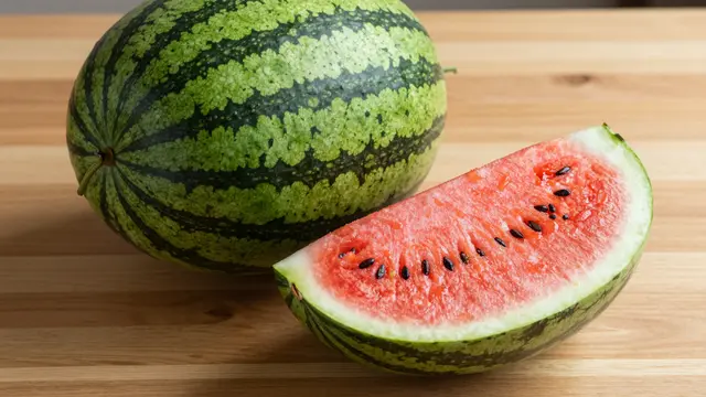 A whole striped watermelon and a cut half watermelon rest on a light wooden table