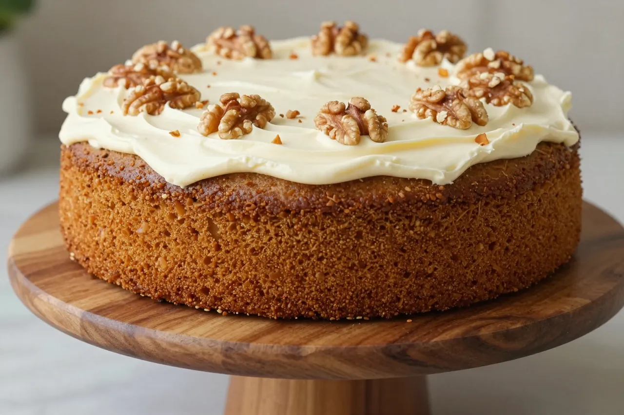 Whole frosted carrot cake topped with walnut halves rests on a wooden cake stand