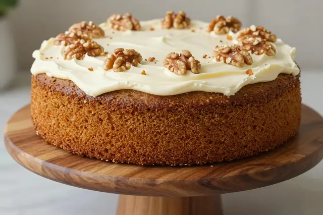 Whole frosted carrot cake topped with walnut halves rests on a wooden cake stand