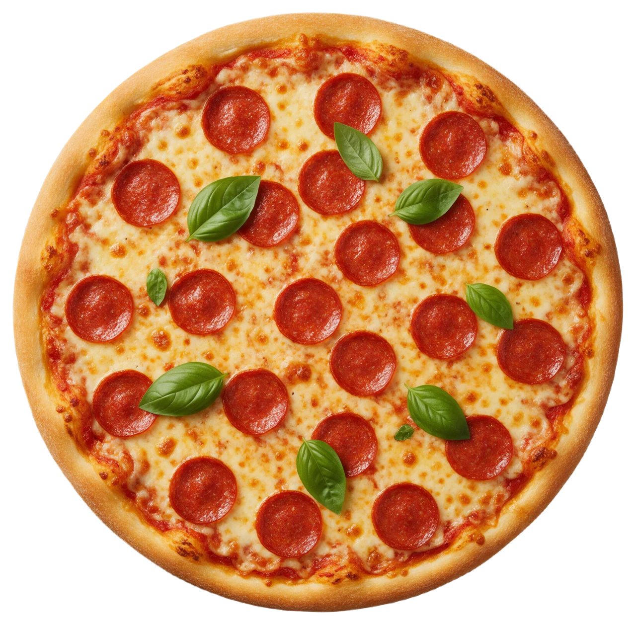 Top-down view of a whole pepperoni pizza topped with melted cheese and fresh basil leaves