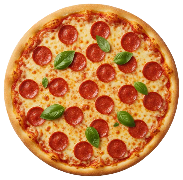 Top-down view of a whole pepperoni pizza topped with melted cheese and fresh basil leaves