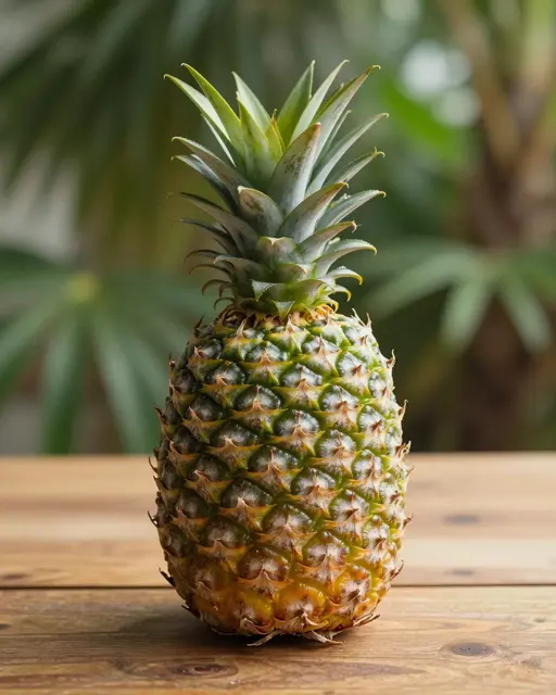 A whole ripe pineapple stands upright on a rustic wooden table with blurred tropical foliage behind it.