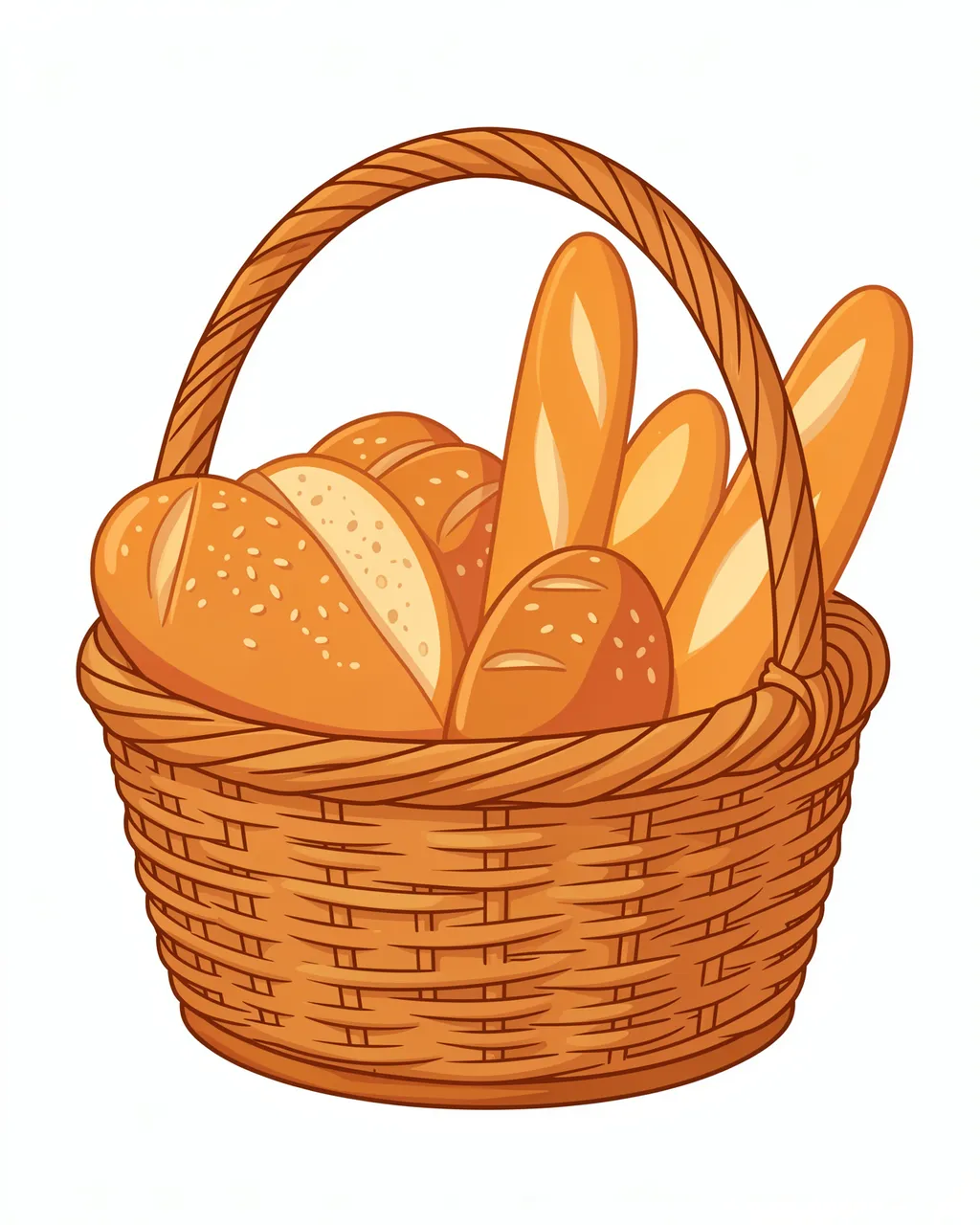 Flat vector illustration of a woven wicker basket filled with assorted bread loaves and baguettes against a plain white