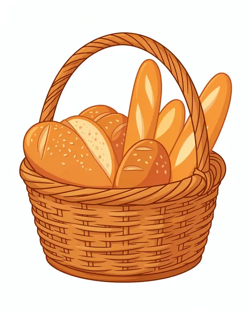 Flat vector illustration of a woven wicker basket filled with assorted bread loaves and baguettes against a plain white