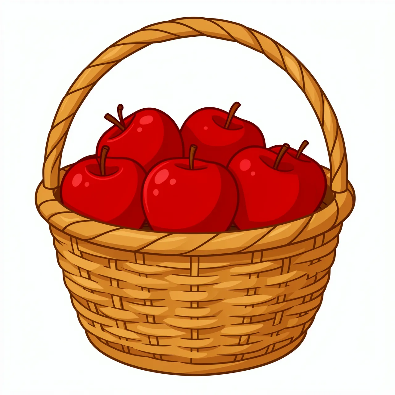 Flat cartoon illustration of a woven wicker basket filled with shiny red apples on a plain white background