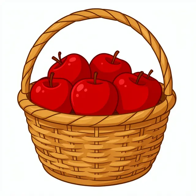 Flat cartoon illustration of a woven wicker basket filled with shiny red apples on a plain white background
