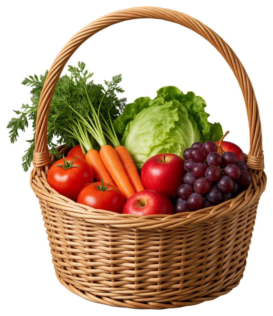 A woven wicker basket filled with assorted fresh fruit and vegetables.