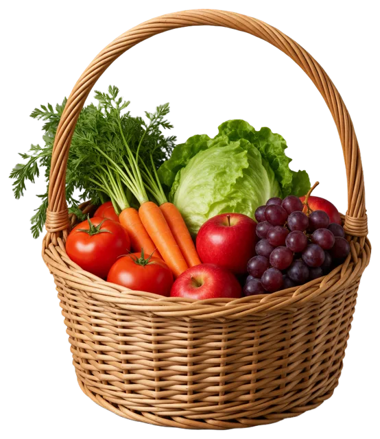 A woven wicker basket filled with assorted fresh fruit and vegetables.