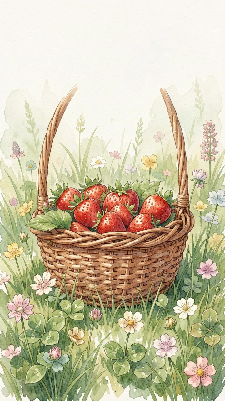 Watercolor illustration of a wicker basket full of fresh strawberries resting in a clover meadow with wildflowers