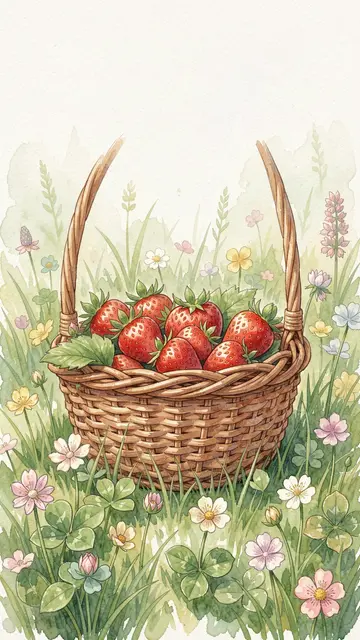 Watercolor illustration of a wicker basket full of fresh strawberries resting in a clover meadow with wildflowers