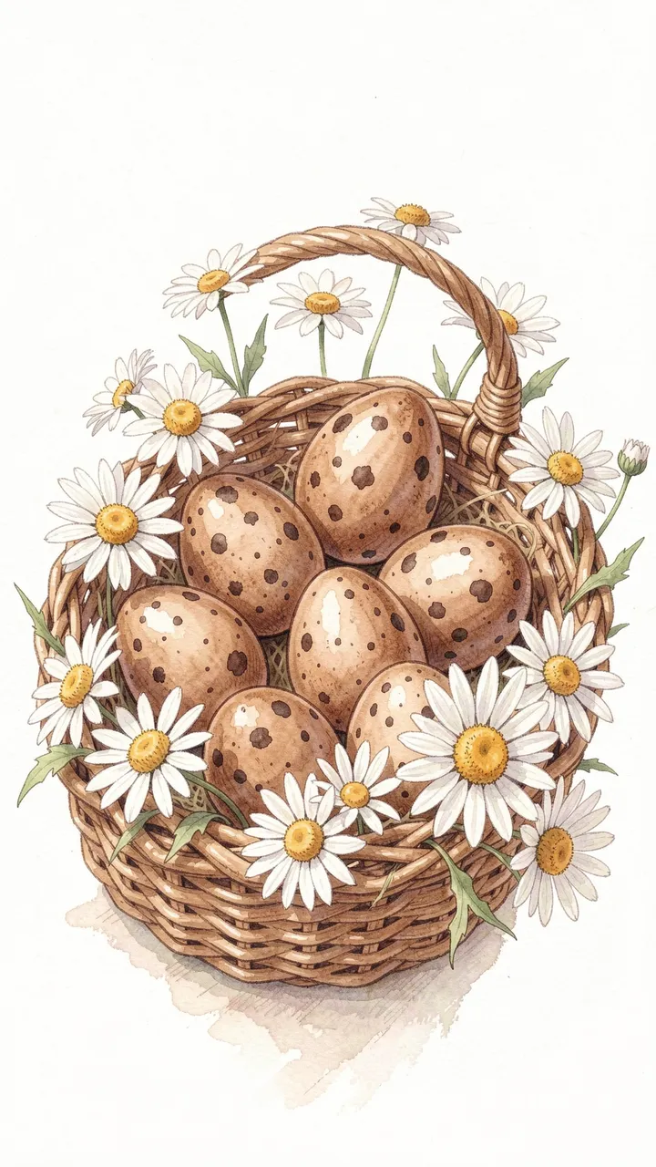 Watercolor illustration of a wicker basket holding brown speckled eggs surrounded by white daisies on a pale background