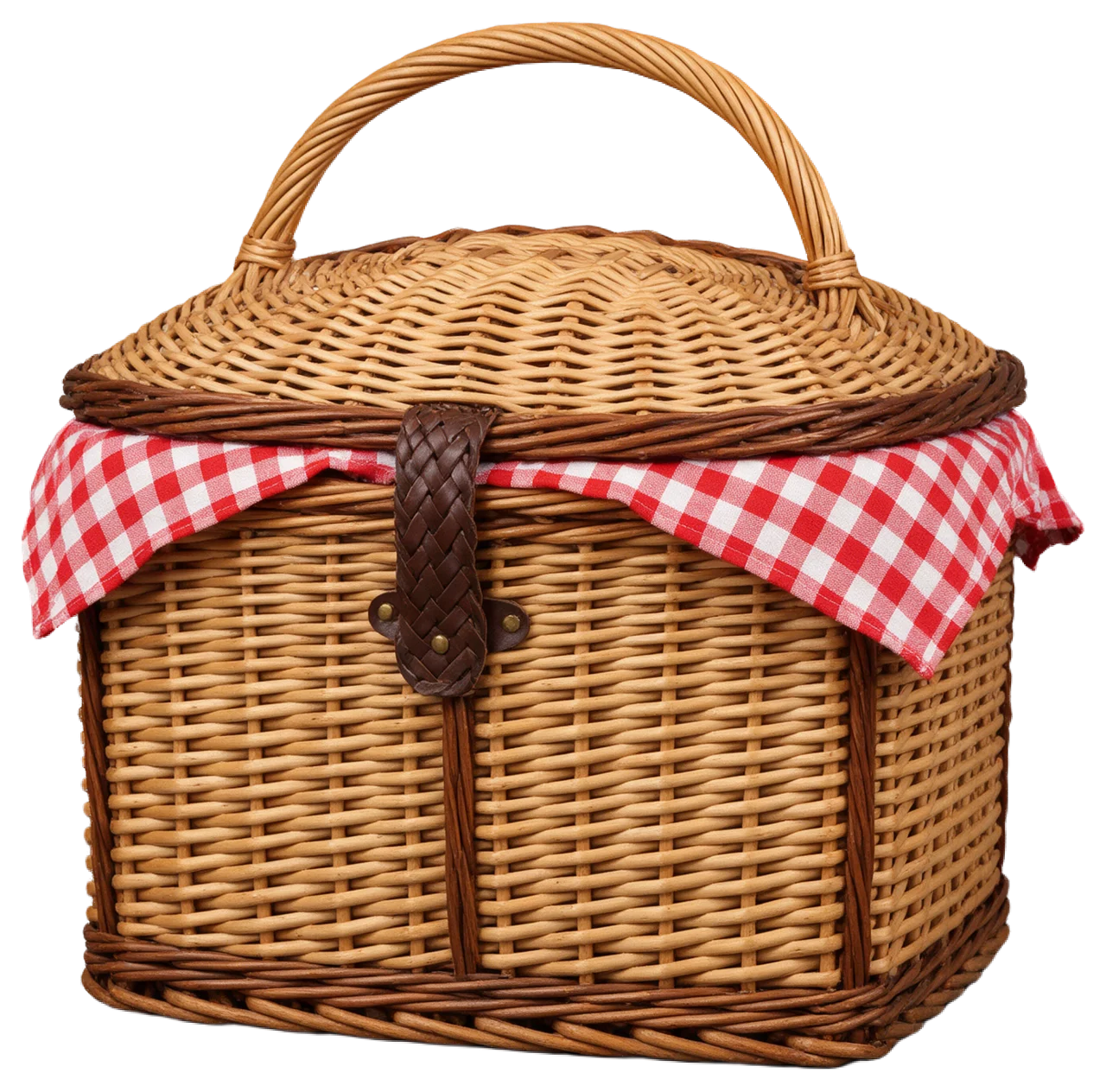 A closed wicker picnic basket with red gingham cloth peeking out under the lid