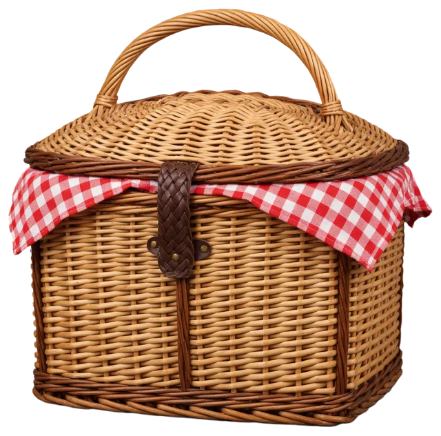 A closed wicker picnic basket with red gingham cloth peeking out under the lid