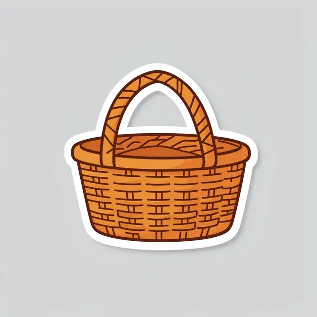 Flat cute illustration of a wicker picnic basket die-cut sticker with a thick white border on a light gray background