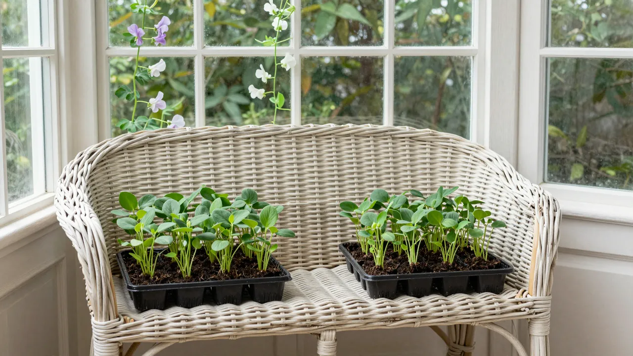 Painted wicker settee holds seedling trays in a bright sunroom with climbing sweet peas outside the windows.