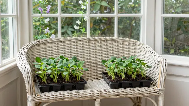 Painted wicker settee holds seedling trays in a bright sunroom with climbing sweet peas outside the windows.