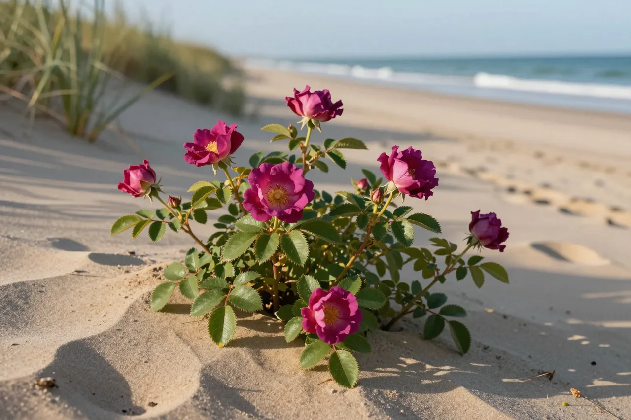 Magenta wild roses grow on a sandy beach dune with morning light and ocean in the background