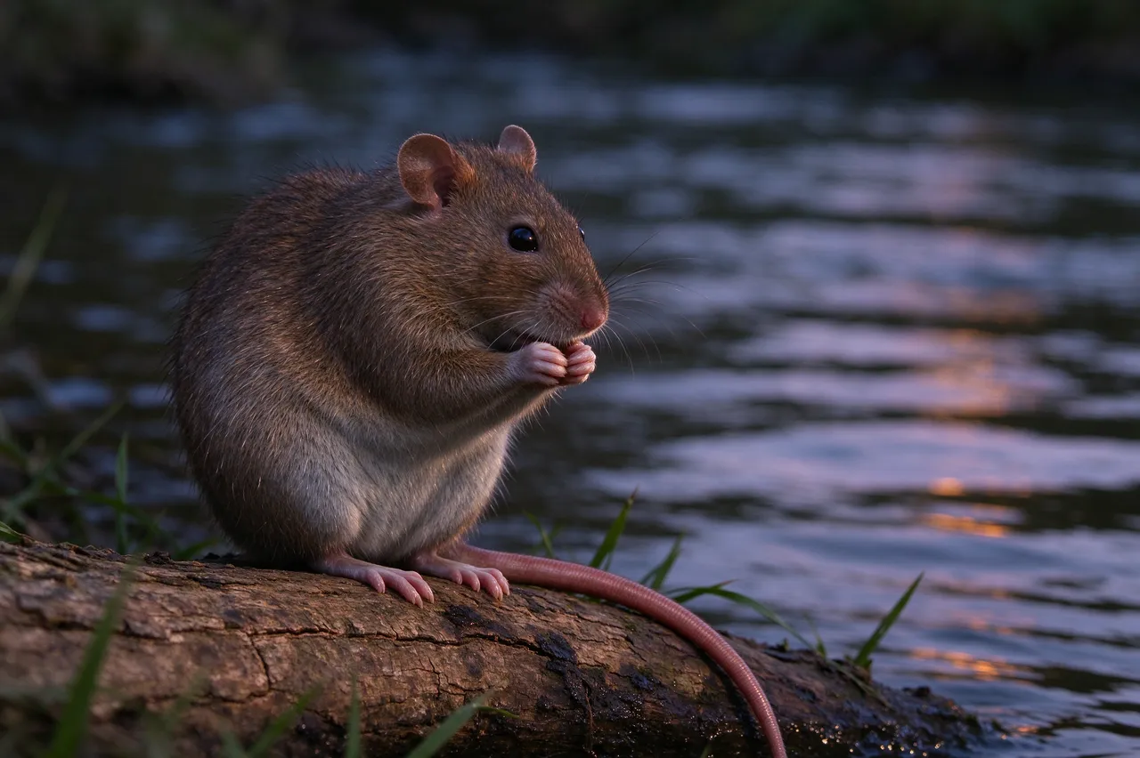 A wild brown rat sits upright on a riverbank log holding its front paws near its mouth at dusk.
