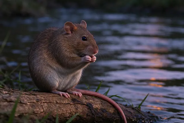A wild brown rat sits upright on a riverbank log holding its front paws near its mouth at dusk.