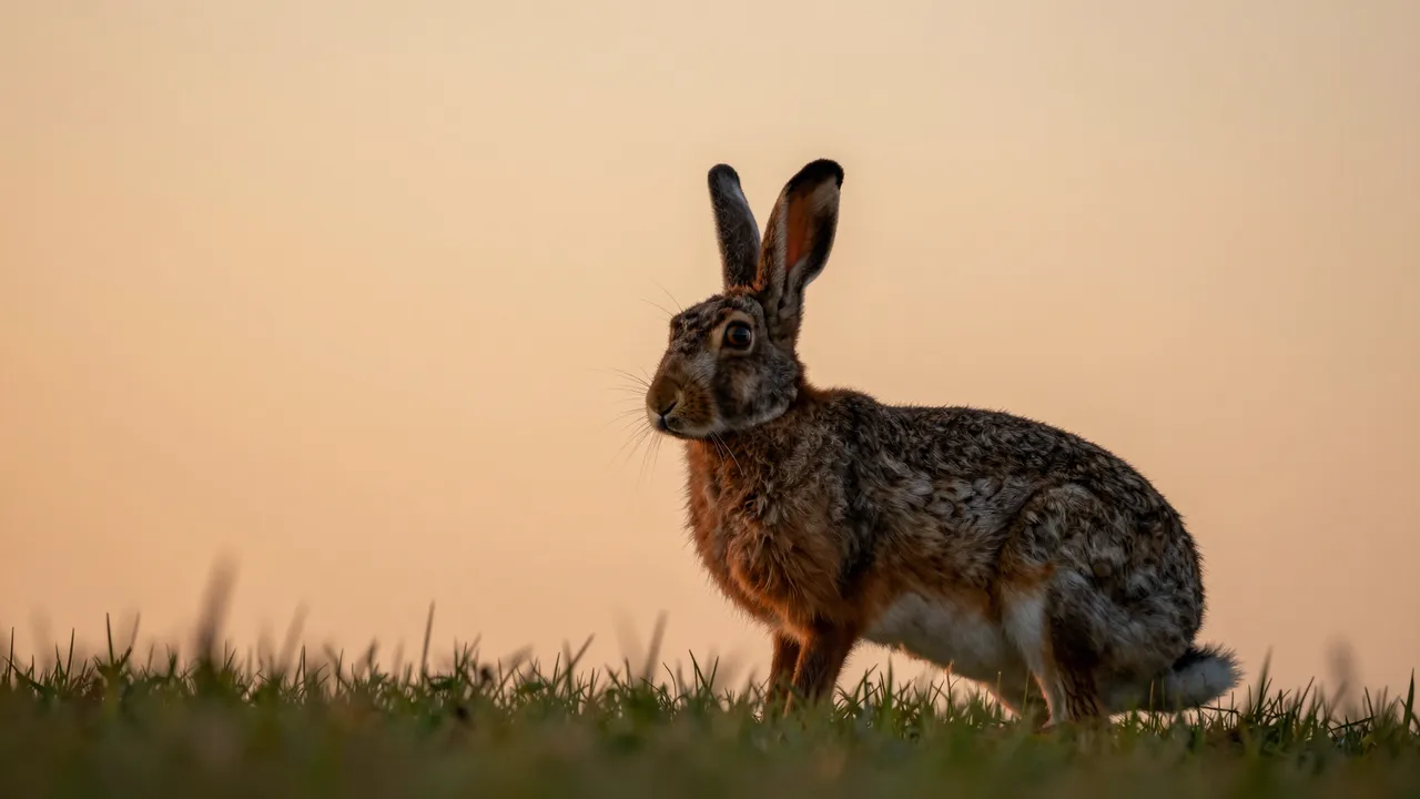 A wild rabbit with upright long ears sits alert in tall grass against a soft orange dusk sky