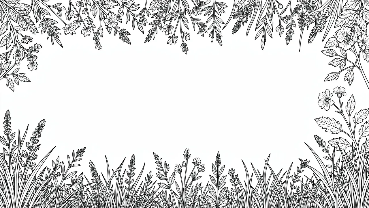 Black line art border of wild herbs and grasses frames blank white page space