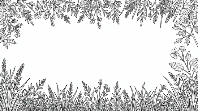 Black line art border of wild herbs and grasses frames blank white page space
