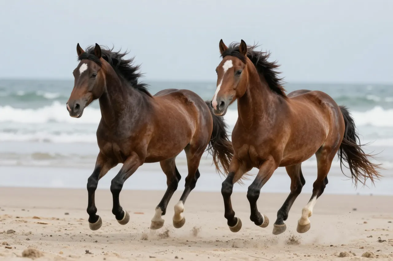 Two bay wild horses gallop side by side along a sandy ocean shoreline