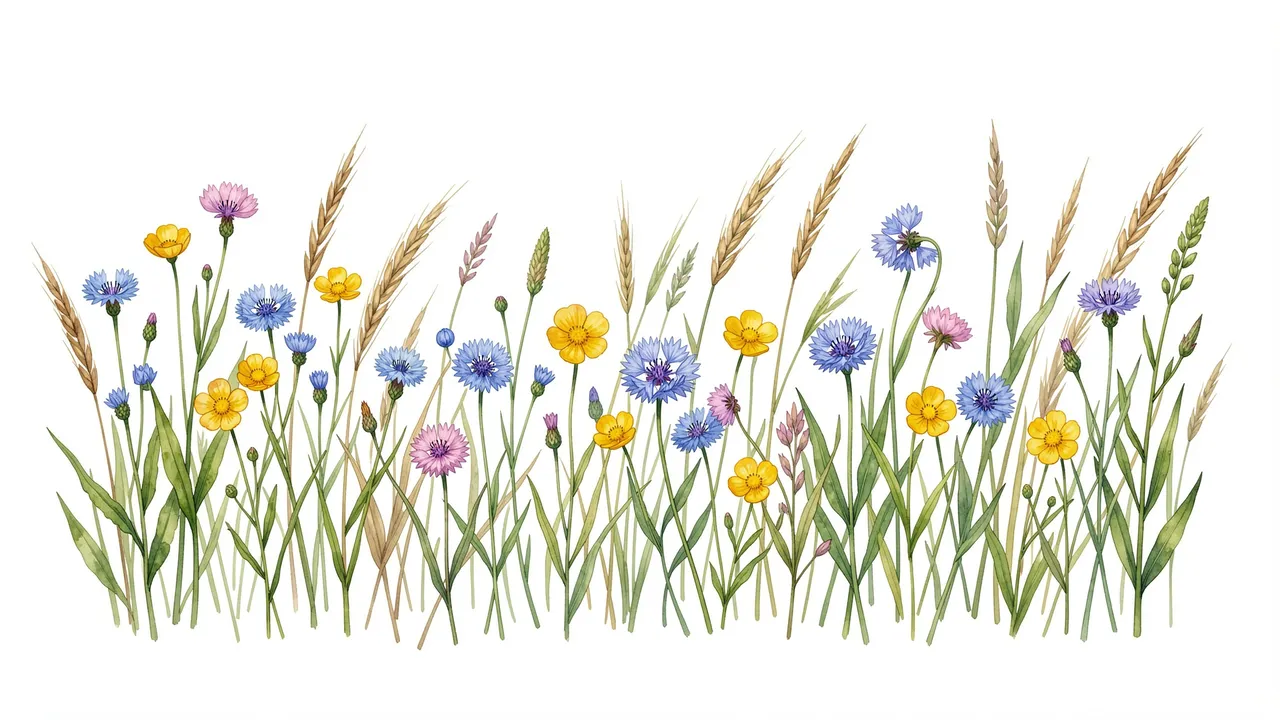 Watercolor illustration of a horizontal row of cornflowers, buttercups and grasses on a plain white background