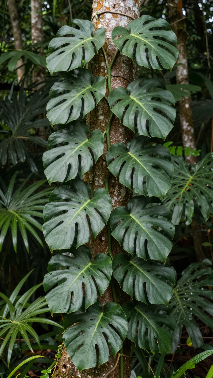 A vertical monstera vine with holey leaves climbs a textured tree trunk in a dense tropical forest.