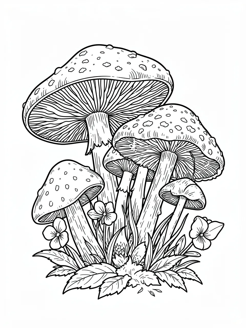 Intricate black and white line art of clustered wild spotted mushrooms with lacy gills and accompanying violet flowers on a